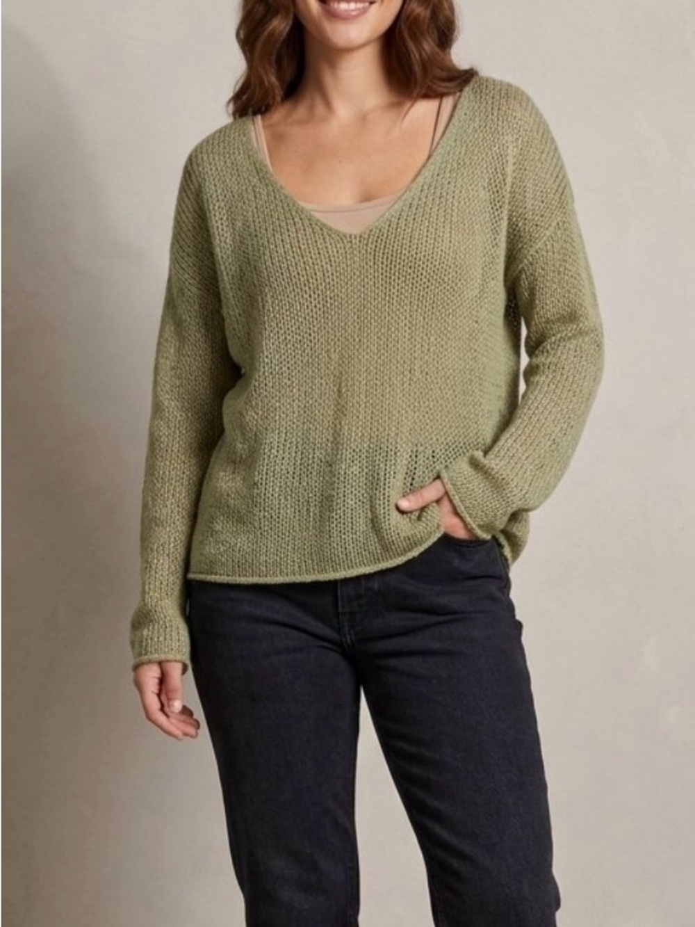 Abercrombie & Fitch Olive Green V-Neck Open Knit Slouchy Sweater, Women’s Medium